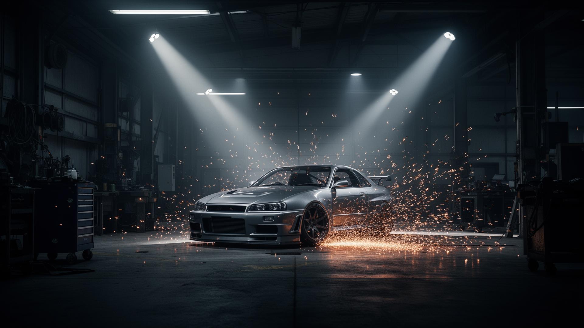 Customized sports car under dramatic workshop lighting